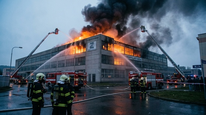 Požár ve Zlíně zaměstnává hasiče, škody firem se odhadují na stovky milionů